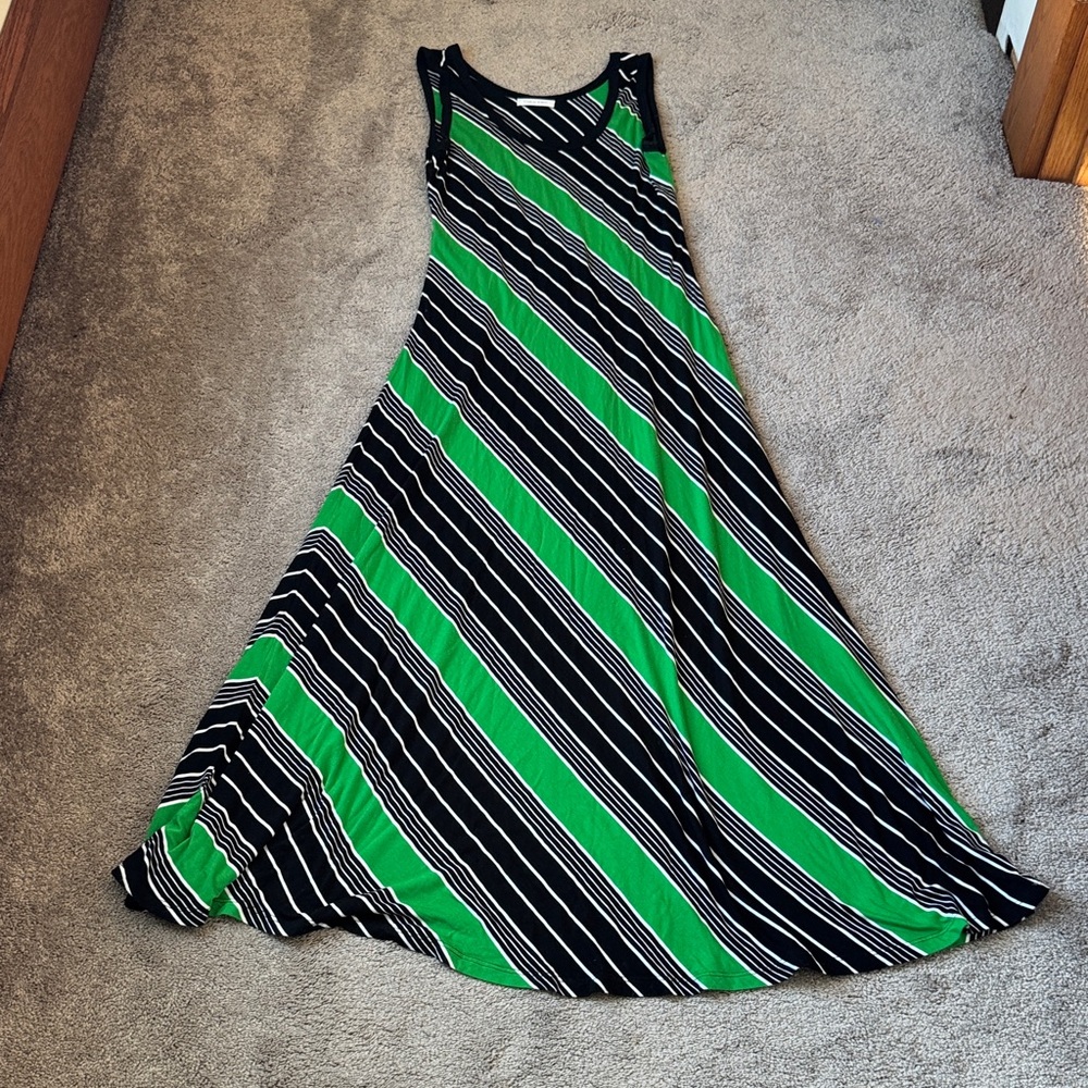 Calvin Klein Green Black Striped Maxi Dress SIZE S Sleeveless Stretch Casual